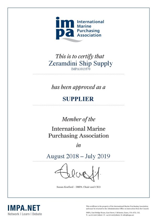 IMPA Certificate 2018 Zeramdini Ship Supply 001 600x848 1